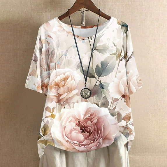 HaoXianJian Women's Short Sleeve T-Shirts - Floral Print Top Crew Neck Shirts/Blouses for Summer Going Out Tops 2025 Loose Fits - Plus Size L- 4X