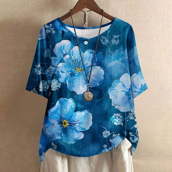HaoXianJian Women's Short Sleeve T-Shirts - Floral Print Top Crew Neck Shirts/Blouses for Summer Going Out Tops 2025 Loose Fits - Plus Size L- 4X