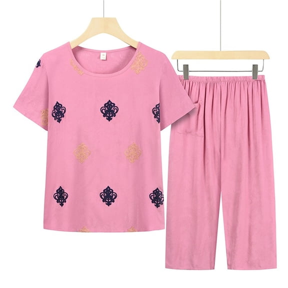 HaoXianJian Women's Short Sleeve Top and Jogger Pajama Pants with Pockets Womens Print Pajama s Loose Fitted Soft Loungewear