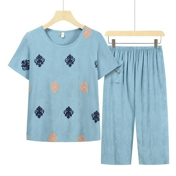 HaoXianJian Women's Short Sleeve Top and Jogger Pajama Pants with Pockets Womens Print Pajama s Loose Fitted Soft Loungewear