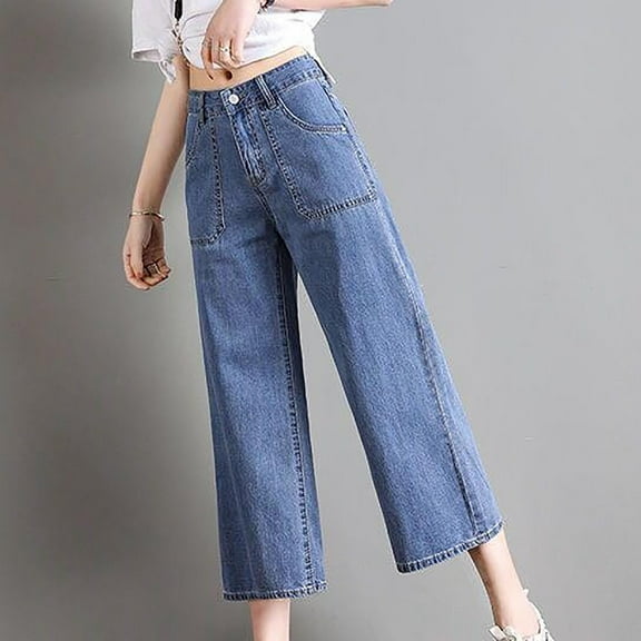HaoXianJian Women’s Stright Leg Capri Pants Stretchy High Waisted Baggy Capris Loose Denim Jeans Cropped Jeans for Women