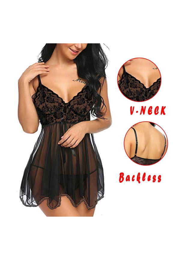 Women's underwear Lace Mesh Babydolls Strap Nightgown Open Front Sleepwear Spaghetti V Neck Chemise Side Slit Nightie
