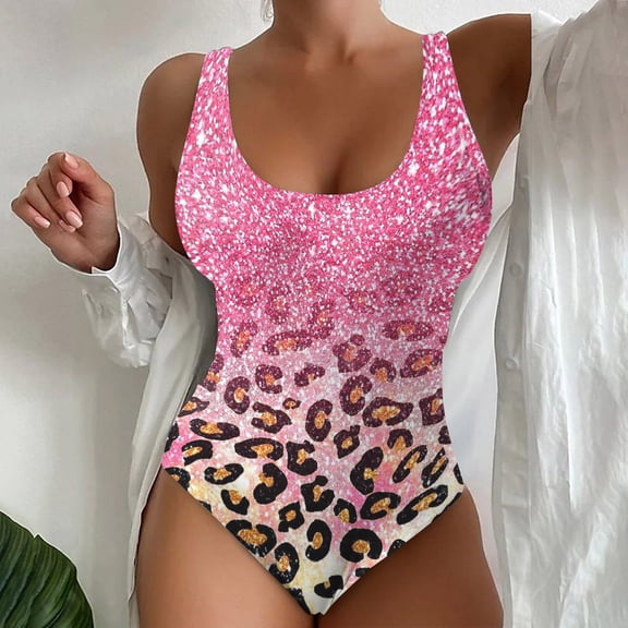HaoXianJian Womens 1 Piece Swimsuit Gradient Color Leopard Print Bathing Suit Crew Neck Swim Suit Slim Swimwear Bodysuit