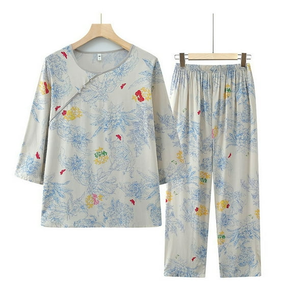 HaoXianJian Womens Cotton Pajamas Set Long Sleeve Top & Pant 2 Piece PJs Set Loungewear Sets Crew Neck Sleepwear for Women