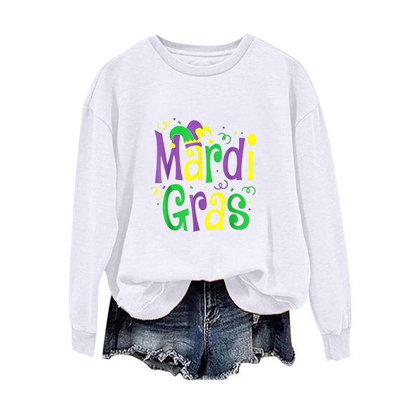 HaoXianJian Womens Mardi Gras Shirts Long Sleeve Crew Neck Shirts Cute Graphic Top for Women 2025 Loose Fits T Shirt Summer Tee Shirts Going Out Top