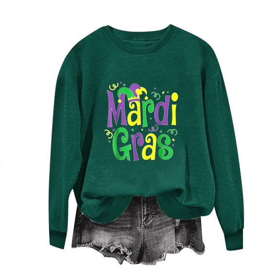 HaoXianJian Womens Mardi Gras Shirts Long Sleeve Crew Neck Shirts Cute Graphic Top for Women 2025 Loose Fits T Shirt Summer Tee Shirts Going Out Top