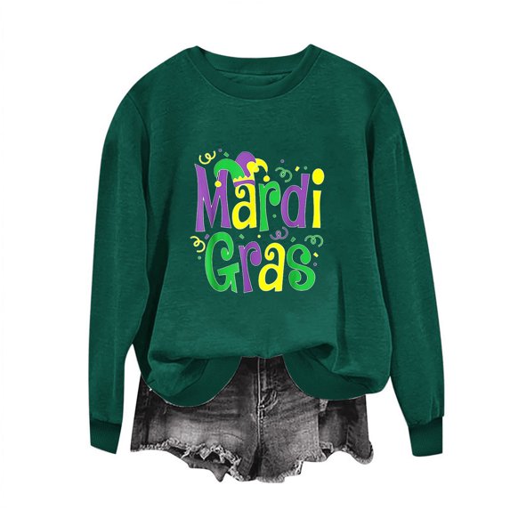 HaoXianJian Womens Mardi Gras Shirts Long Sleeve Crew Neck Shirts Cute Graphic Top for Women 2025 Loose Fits T Shirt Summer Tee Shirts Going Out Top