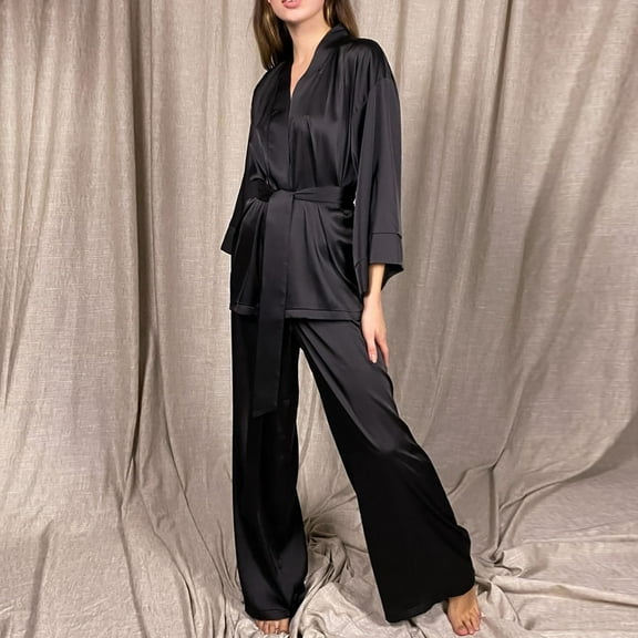HaoXianJian Womens Pajama Silk Satin with Tie Waist Long Sleeve and Long Pants Sleepwear V-Neck Loungewear Soft Pajamas