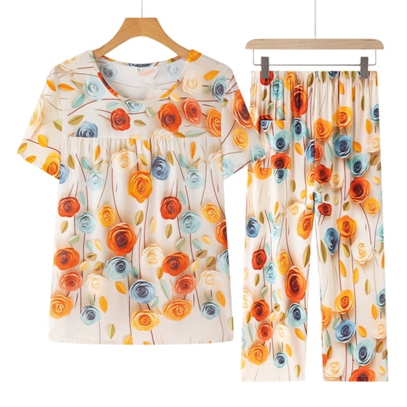 HaoXianJian Womens Pajama s Short Sleeve with Long Pajama Pant Soft Sleepwear Printed Pjs Loungewear with Pockets Women's Sleepwear