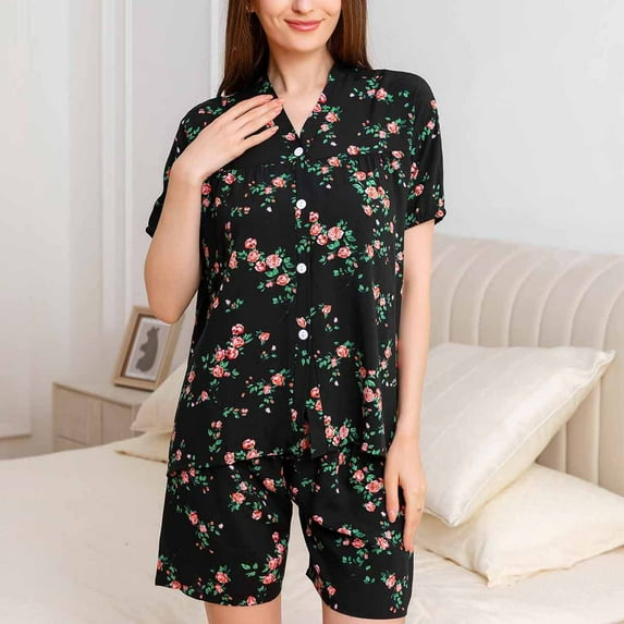 HaoXianJian Womens Pajamas Sets Floral Print Button Up Short Sleeves Sleepwear Set V-Neck SleepwearTops Shorts Summer Loungewear