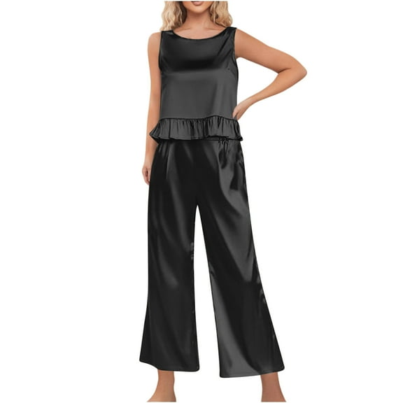 HaoXianJian Womens Pajamas Sets Camisole Ruffled Hem Tops with Long Pant Sleepwear Waistband Loungewear