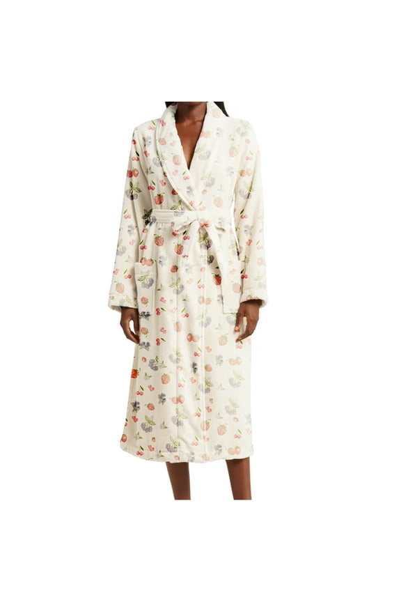 Womens Robes Fruit Print Long Sleeve Sleep Robes with Pockets Bathrobe Robe Casual Loungewear Soft Sleepwear