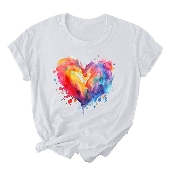 HaoXianJian Womens Shirt Short Sleeve Crew Neck Colorful Love Heart Ggrathic Shirt Top for Women 2025 Loose Fits T Shirt Summer Tee Shirts Going Out Top