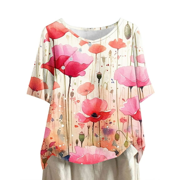 HaoXianJian Womens Shirt Short Sleeve Crew Neck Shirts Floral Print Top for Women 2025 Loose Fits T Shirt Summer Tee Shirts Going Out Top 3X 4X
