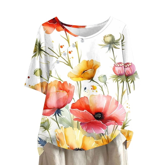 HaoXianJian Womens Shirt Short Sleeve Crew Neck Shirts Floral Print Top for Women 2025 Loose Fits T Shirt Summer Tee Shirts Going Out Top 3X 4X
