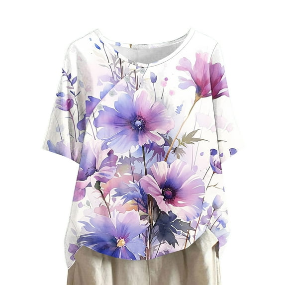 HaoXianJian Womens Shirt Short Sleeve Crew Neck Shirts Floral Print Top for Women Loose Fits T Shirt Summer Tee Shirts Going Out Top 3X 4X