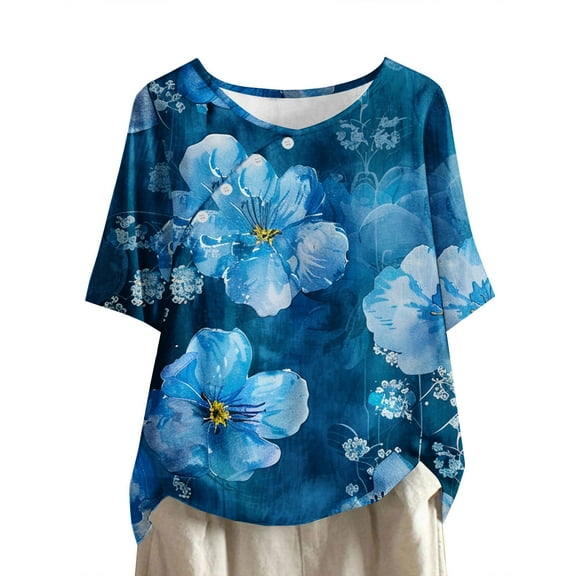 HaoXianJian Womens Shirt Short Sleeve Crew Neck Shirts Floral Print Top for Women 2025 Loose Fits T Shirt Summer Tee Shirts Going Out Top 3X 4X
