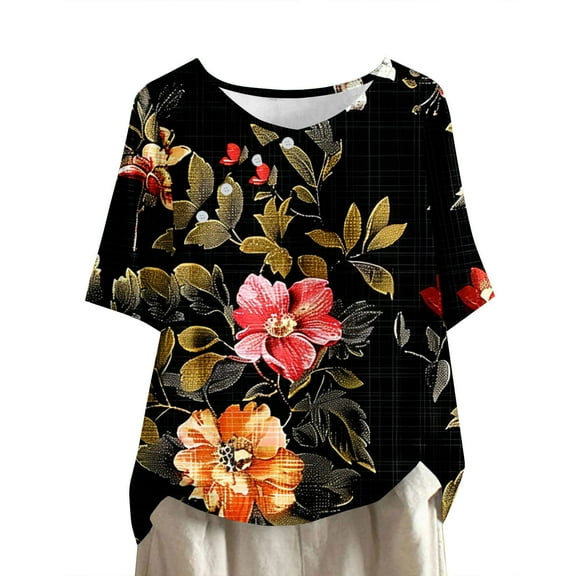 HaoXianJian Womens Shirt Short Sleeve Crew Neck Shirts Floral Print Top for Women 2025 Loose Fits T Shirt Summer Tee Shirts Going Out Top 3X 4X
