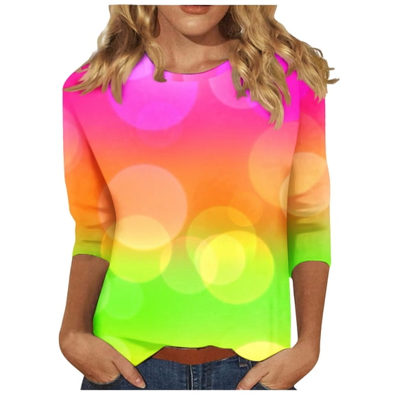 HaoXianJian Womens Shirts 3/4 Sleeve Crew Neck Shirts Colorsul Top for Women 2025 Loose Fits T Shirt Summer Tee Shirts Going Out Top