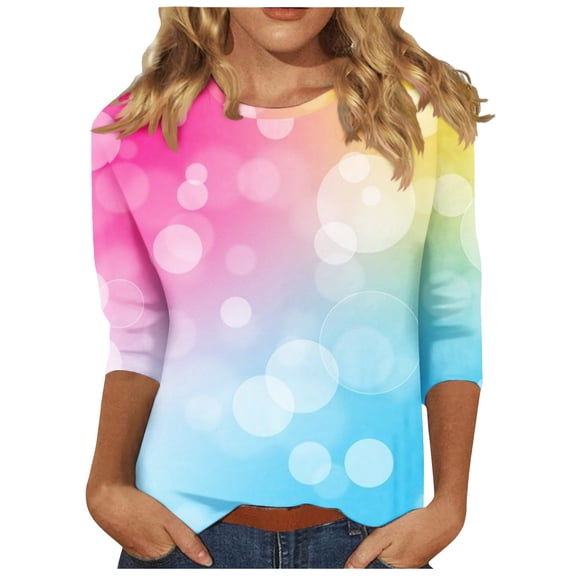 HaoXianJian Womens Shirts 3/4 Sleeve Crew Neck Shirts Colorsul Top for Women 2025 Loose Fits T Shirt Summer Tee Shirts Going Out Top