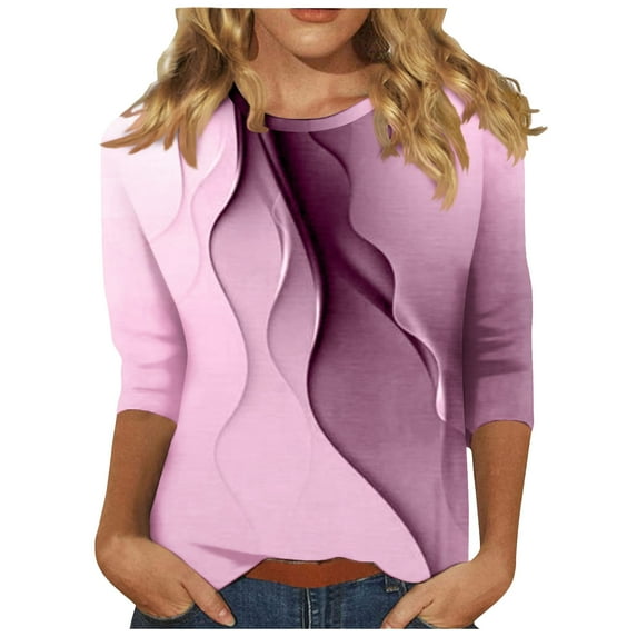 HaoXianJian Womens Shirts 3/4 Sleeve Crew Neck Shirts Gradient Color Top for Women 2025 Loose Fits T Shirt Summer Tee Shirts Going Out Top