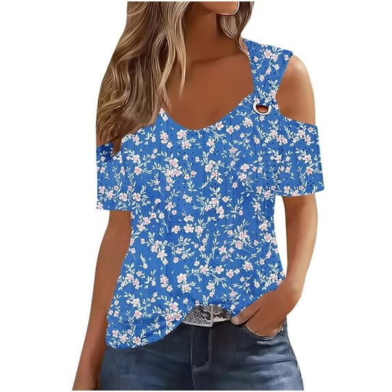 HaoXianJian Womens Trendy Cold Shoulder Short Sleeve T Shirts Floral Print Crisscross Casual Loose Tunic Top Blouse Shirts 2025 Summer Off Shoulder Top