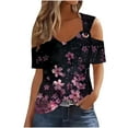 thumbnail image 1 of HaoXianJian Womens Trendy Cold Shoulder Short Sleeve T Shirts Floral Print Crisscross Casual Loose Tunic Top Blouse Shirts 2025 Summer Off Shoulder Top, 1 of 5