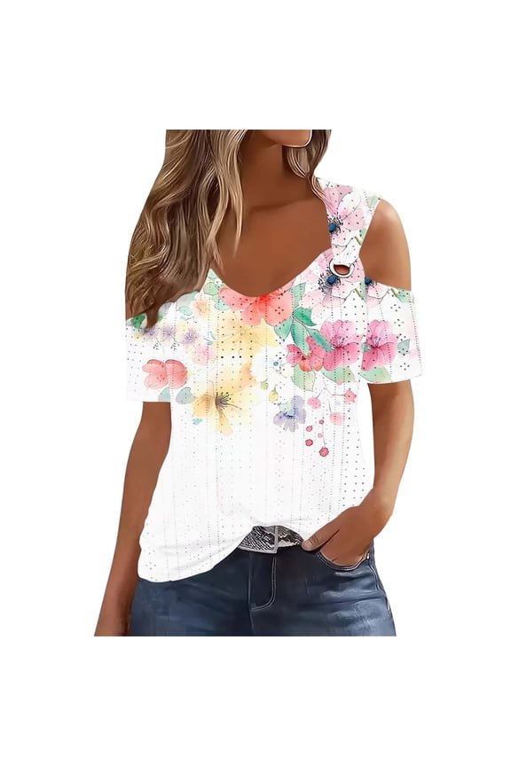 Womens Trendy Cold Shoulder Short Sleeve T Shirts Floral Print Crisscross Casual Loose Tunic Top Blouse Shirts 2025 Summer Off Shoulder Top