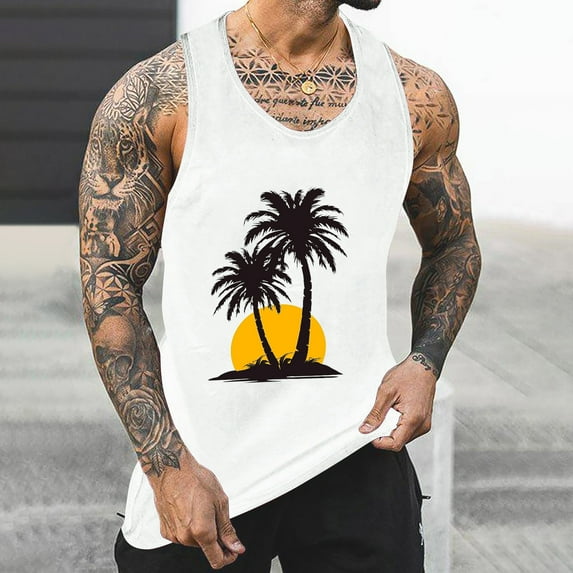 HaoXianJian Men's Tank Top Sleeveless Muscle Shirts Workout Hawaiian Palm Tree Fashion Graphic Quickly Dry Basic Tees 2X 3X 4X
