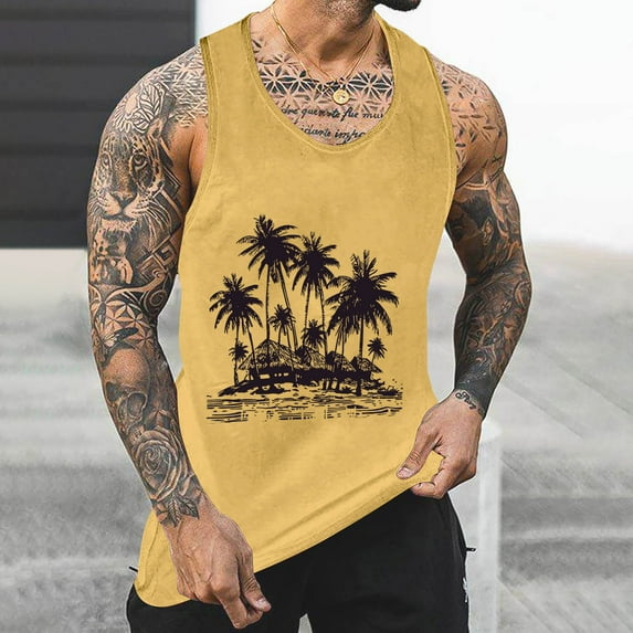 HaoXianJian Men's Tank Top Sleeveless Muscle Shirts Workout Hawaiian Palm Tree Fashion Graphic Quickly Dry Basic Tees 2X 3X 4X