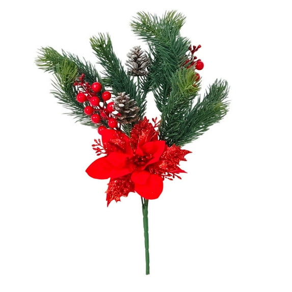 HaoXun 1 Pc Christmas Artificial Bouquet - Pine Cones Red Berries Poinsettia Plastic Flowers for Christmas Party Home Decor Indoor Outdoor Use
