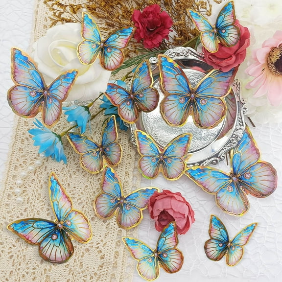 HaoXun 12Pcs Gold Trimmed 3D Butterfly Wall Stickers - Self-Adhesive Decorative Wall Decals for Bedroom, Living Room, Nursery Decor (Blue Purple)