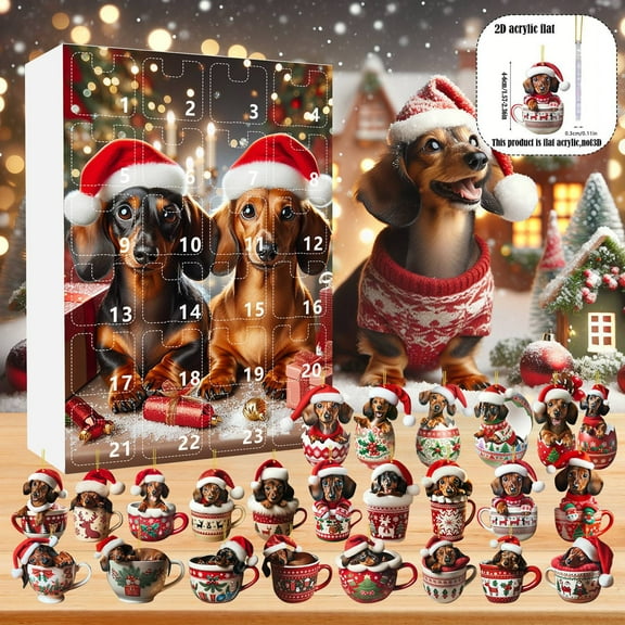 HaoXun 2025 Unique Dachshund Advent Calendar - 24 Day Christmas Countdown with Santa Hats & Xmas Tree Ornaments, Personalized Gift for Dog Lovers
