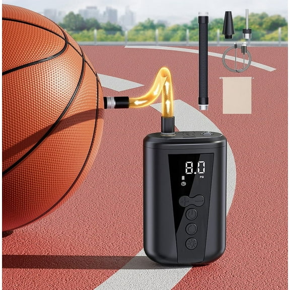 HaoXun 2025 Upgrade Electric Air Pump for Basketball/Football - Portable Wireless Pump with Smart Display, 2000mAh Battery & 6 Nozzles, Fast Inflation for Sports Equipment