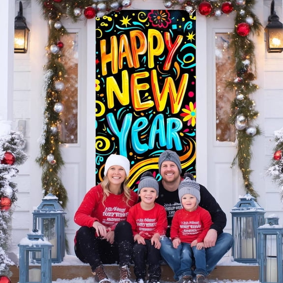 HaoXun 2026 New Year's Eve Party Door Cover - Multicolor Cloth Decorative Hanging Banner for Christmas Holiday Home Decoration