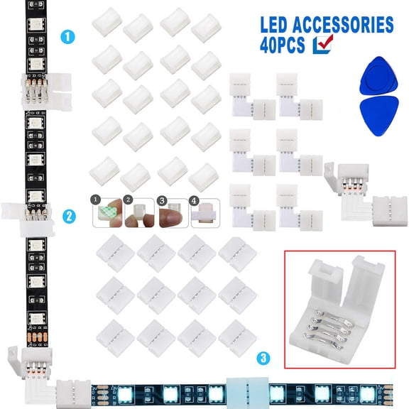 HaoXun 40PCs RGB LED Strip Connectors Kit for 5050 SMD 4-Pin Lights, No Soldering Easy Install, Flame Retardant 12V-24V LED Light Bar Accessories