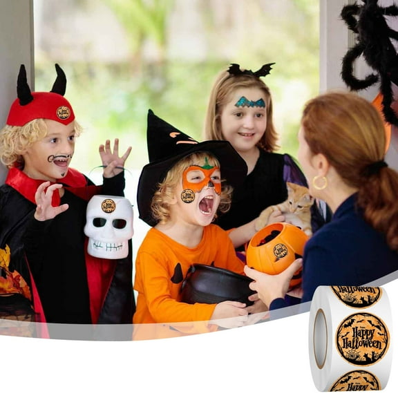 HaoXun 500 Halloween Stickers Roll for Kids Crafts, Thanksgiving Decorations – Self-Adhesive Orange Labels for Scrapbooking & Gift Wrapping (6x6x3.5cm)
