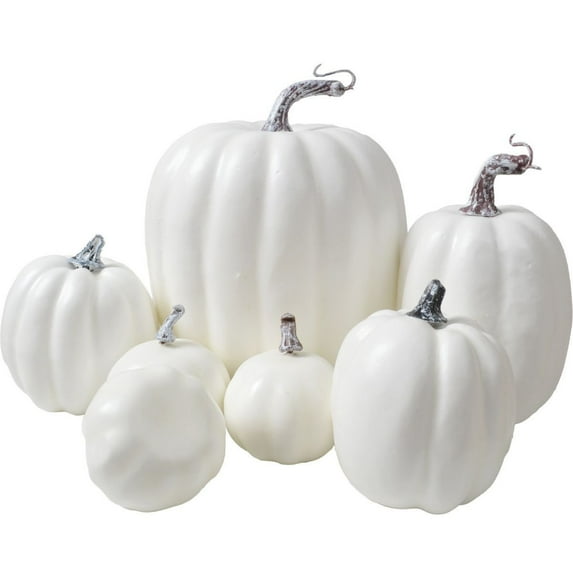 HaoXun 7 Pcs Pumpkin Fall Decorations, Decorative Large Small Outdoor White Foam Plastic Fake Faux Artificial Pumpkins for Halloween Autumn Harvest Festival Home Table Decor