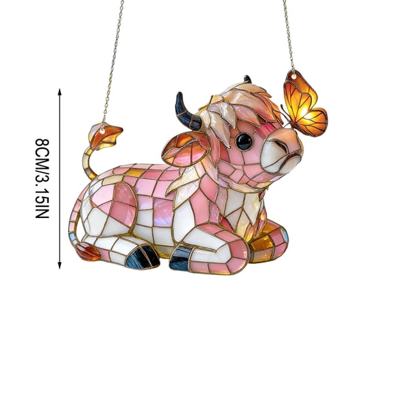 HaoXun 8 Inch 2D Flat Cow Catcher Colorful Acrylic Hanging Ornament - Stained Glass Style Window Decor with Sunlight Reflection for Home Decor Gift