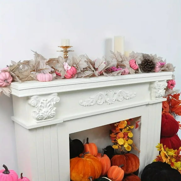 HaoXun Artificial White Maple Leaf & Pink Pumpkin Rattan Garland – Silk Foam Fall Decor for Halloween Thanksgiving Table Centerpiece, 66.9in Festive Party Decoration