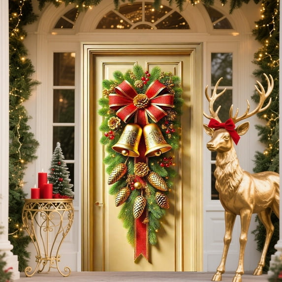 HaoXun Christmas Door Curtain with Bells & Bows - Durable Polyester Hanging Banner 90x180cm - Holiday Decoration for Home Photography Background, Easy to Install