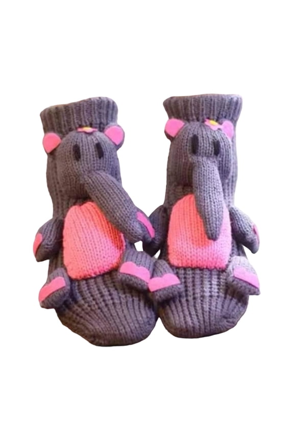 Cute Elephant Knit Animal Socks - Hand Crocheted Winter Warm Floor Socks with Gray Base for Christmas Gifts, Girls Daily Thermal Anklets