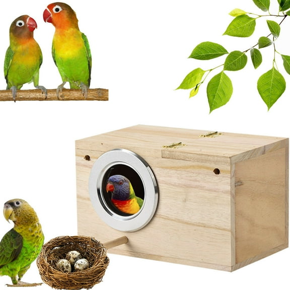 HaoXun Durable Natural Wood Parakeet Breeding Box - Medium Size Wall-Mounted Bird House with Hinged Lid for Lovebirds, Parrotlets | Outdoor/Indoor Bird Nesting Box for Natural Mating & Breeding