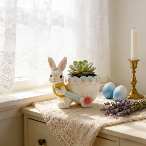 HaoXun Easter Bunny Planter Pot With Drainage Hole - Cute Resin Plant Planter in Multiple Colors for Garden Decor Indoor Outdoor Home Gift for Mom Grandma