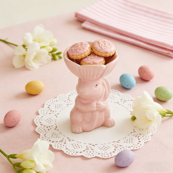 HaoXun Easter Ceramic Bunny Dessert Plates - 5.1x3.4 Inches Pink and White Household Dishware for Easter Decorations and Party Supplies