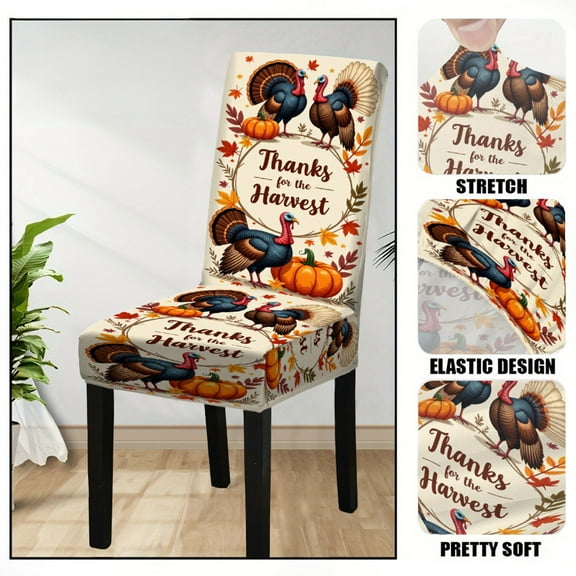 HaoXun Elastic Chair Cover - Thanksgiving Turkey & Pumpkin Pattern, Polyester Detachable & Machine Washable for Party & Wedding Decor
