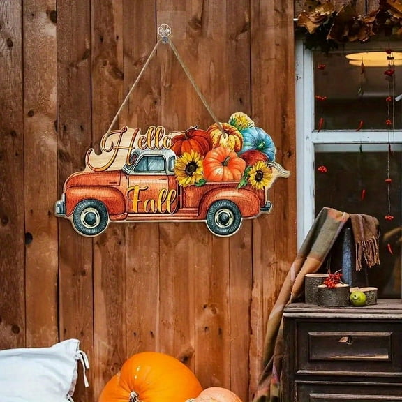HaoXun Fall Harvest Pumpkin Truck Wooden Sign - Halloween Thanksgiving Home Door Decor, Wooden Hanging Decoration for Holiday Seasons