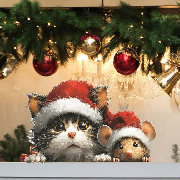 HaoXun Festive Christmas Cat and Mouse Window Stickers with Santa Hats - Durable, Removable Holiday Decor for Home, Office, Retail