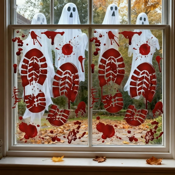 HaoXun Halloween Bloody Footprints Removable Window Stickers - Left Right PVC Decoration, Easy to Clean & Space-Saving Design, 30x20cm for Spooky Home Decor