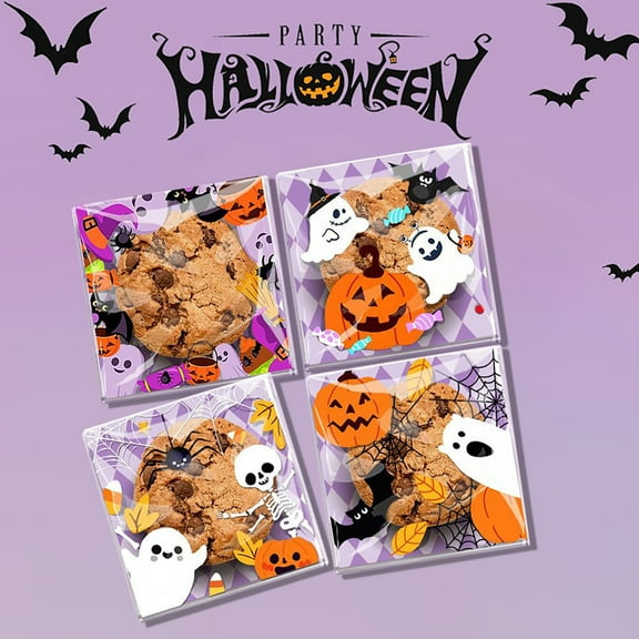 HaoXun Halloween Cellophane Bags Biscuit Roasting Treat Bags Individual Wrappers Self Adhesive Cookie Bakery Present Gift DIY Candy Decorating Favor Bags (4x4 Inch, 100Pcs)